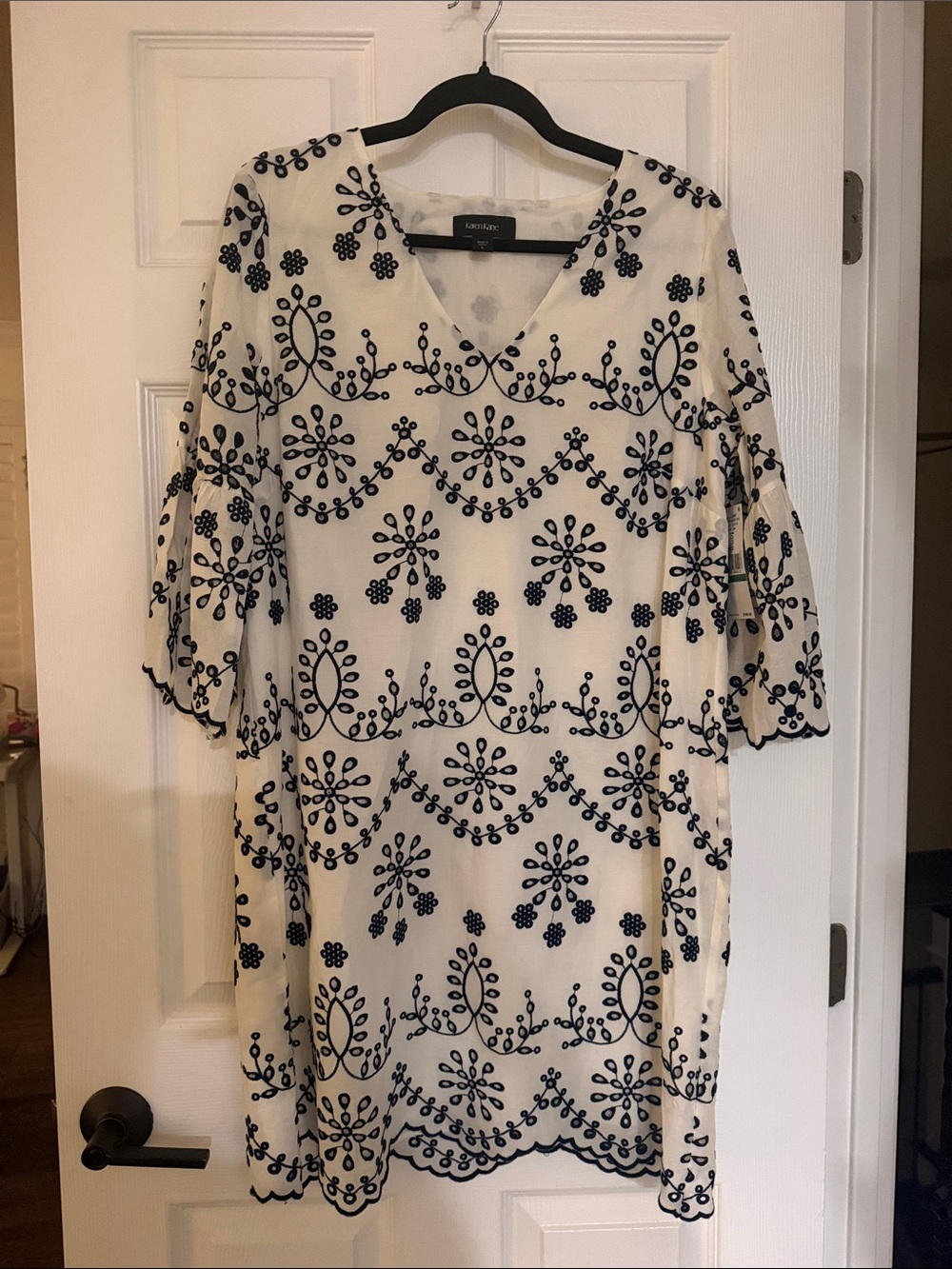 Karen Kane White Midi Dress with Navy Embroidery